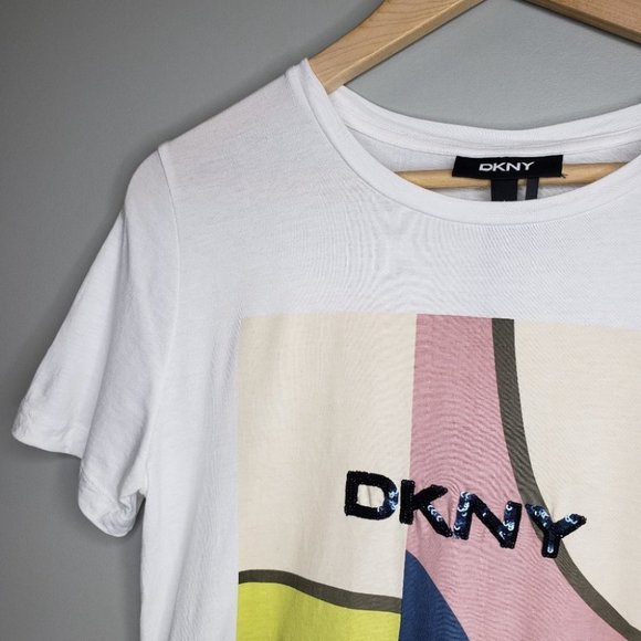 DKNY Sequined Logo Graphic Cotton T-Shirt Women's Size Small *Defect-see desc - Picture 4 of 15